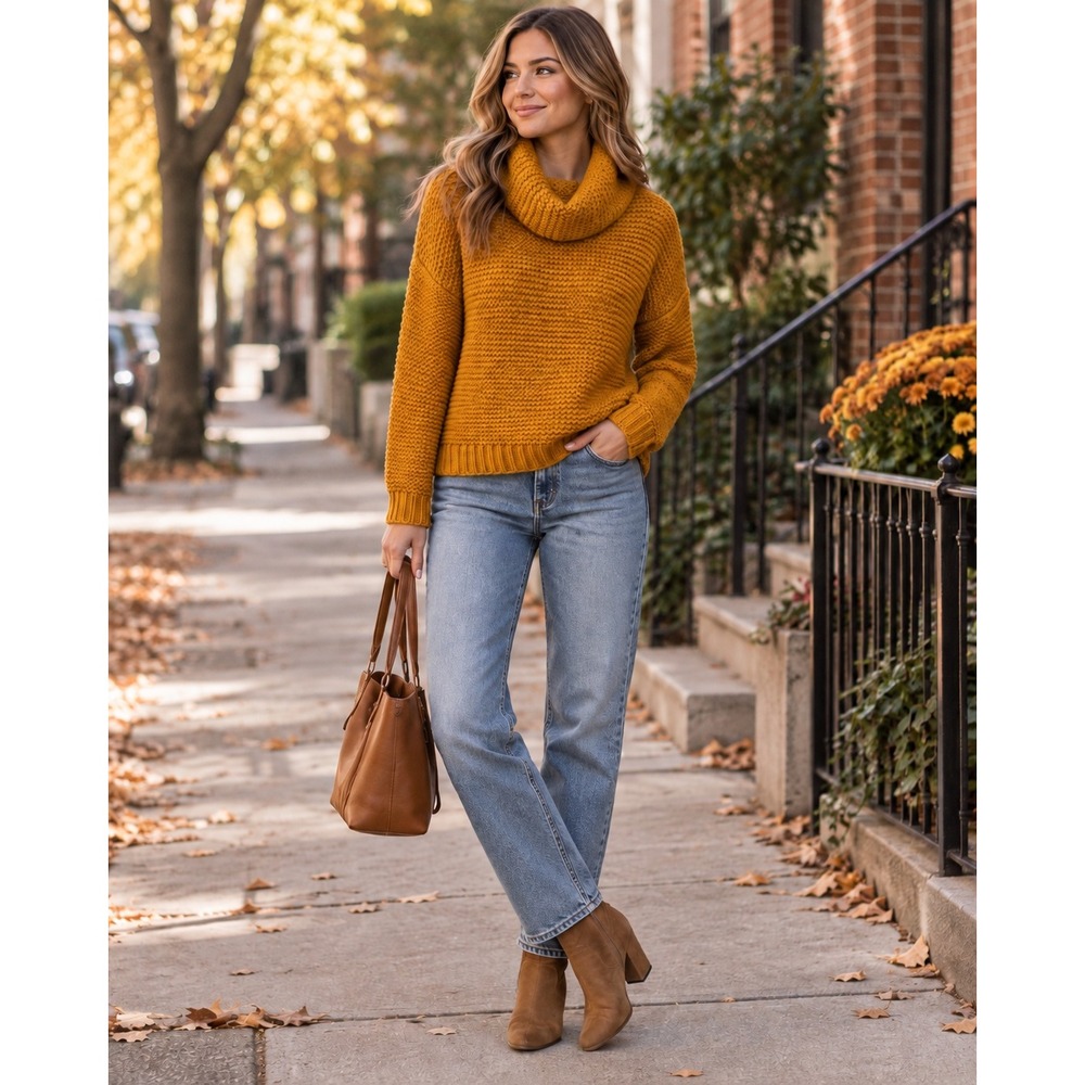 Zara Mustard Yellow Chunky Knit Cowl Neck Sweater Oversized Waffle Pullover